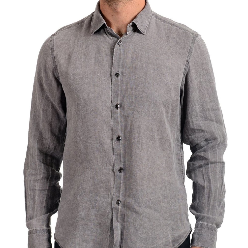 Malo Men's 100% Linen Gray Long Sleeve Dress Shirt